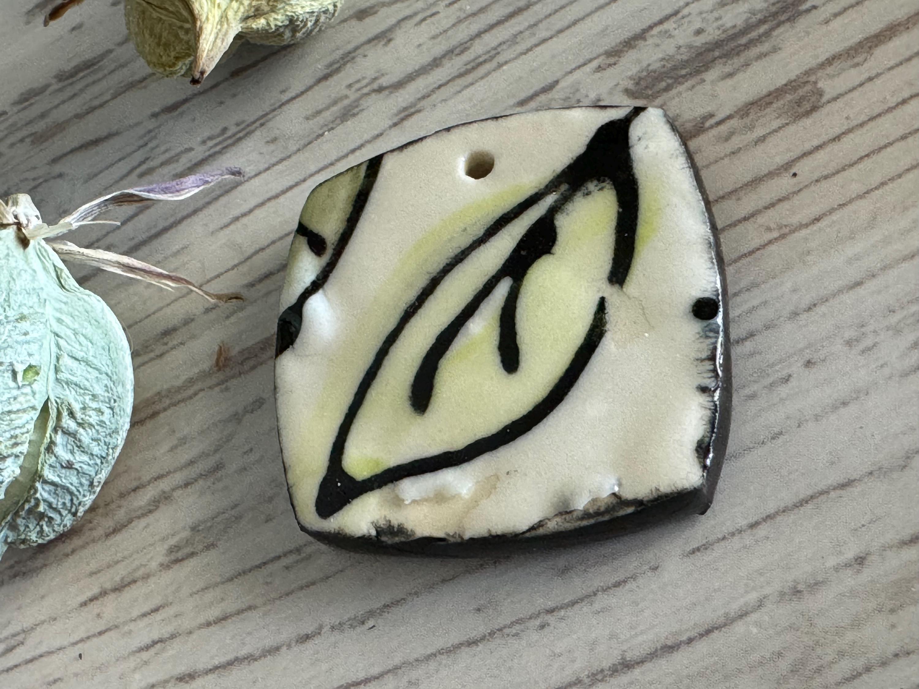 Black and White Leaf Bead, Light Green Pendant, Artisan jewelry, Porcelain Ceramic Pendant, Jewelry Making Components