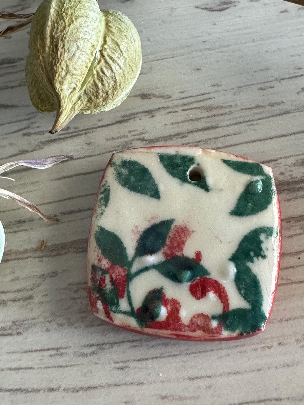 Red and Teal Leaf Bead, Square Pendant, Artisan jewelry, Porcelain Ceramic Pendant, Jewelry Making Components