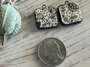 Flower Beads, Black and White Square, Black Earring Bead Pair, Unique Beads, Porcelain Ceramic Charms, Jewelry Components, Beading Handmade