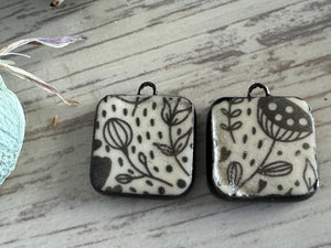 Flower Beads, Black and White Square, Black Earring Bead Pair, Unique Beads, Porcelain Ceramic Charms, Jewelry Components, Beading Handmade