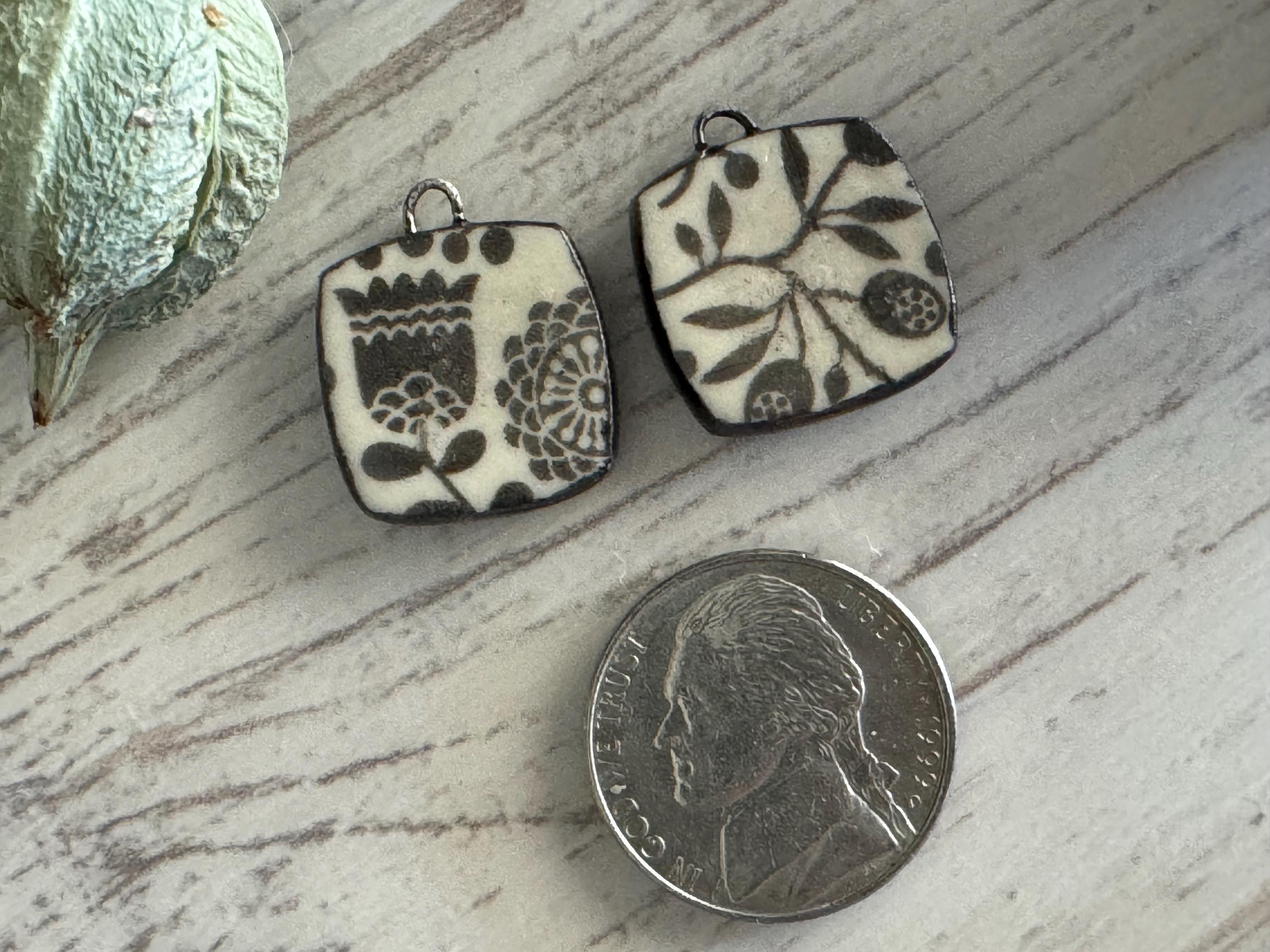 Scandanavian Tulip Beads, Black and White Square, Square Earring Bead Pair, Unique Beads, Porcelain Charms, Jewelry Components