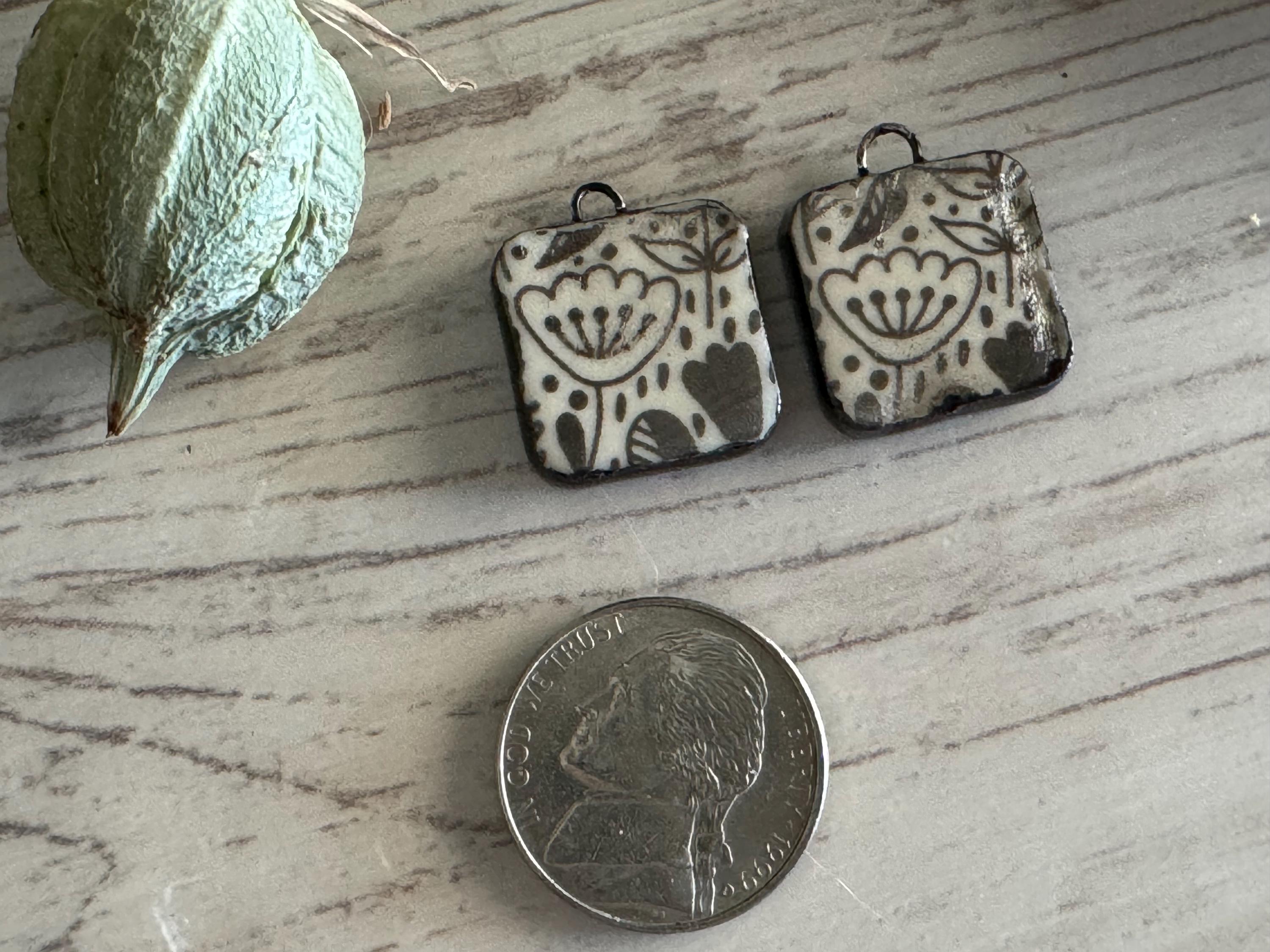 Flower Beads, Black and White Square, Black Earring Bead Pair, Unique Beads, Porcelain Ceramic Charms, Jewelry Components, Beading Handmade