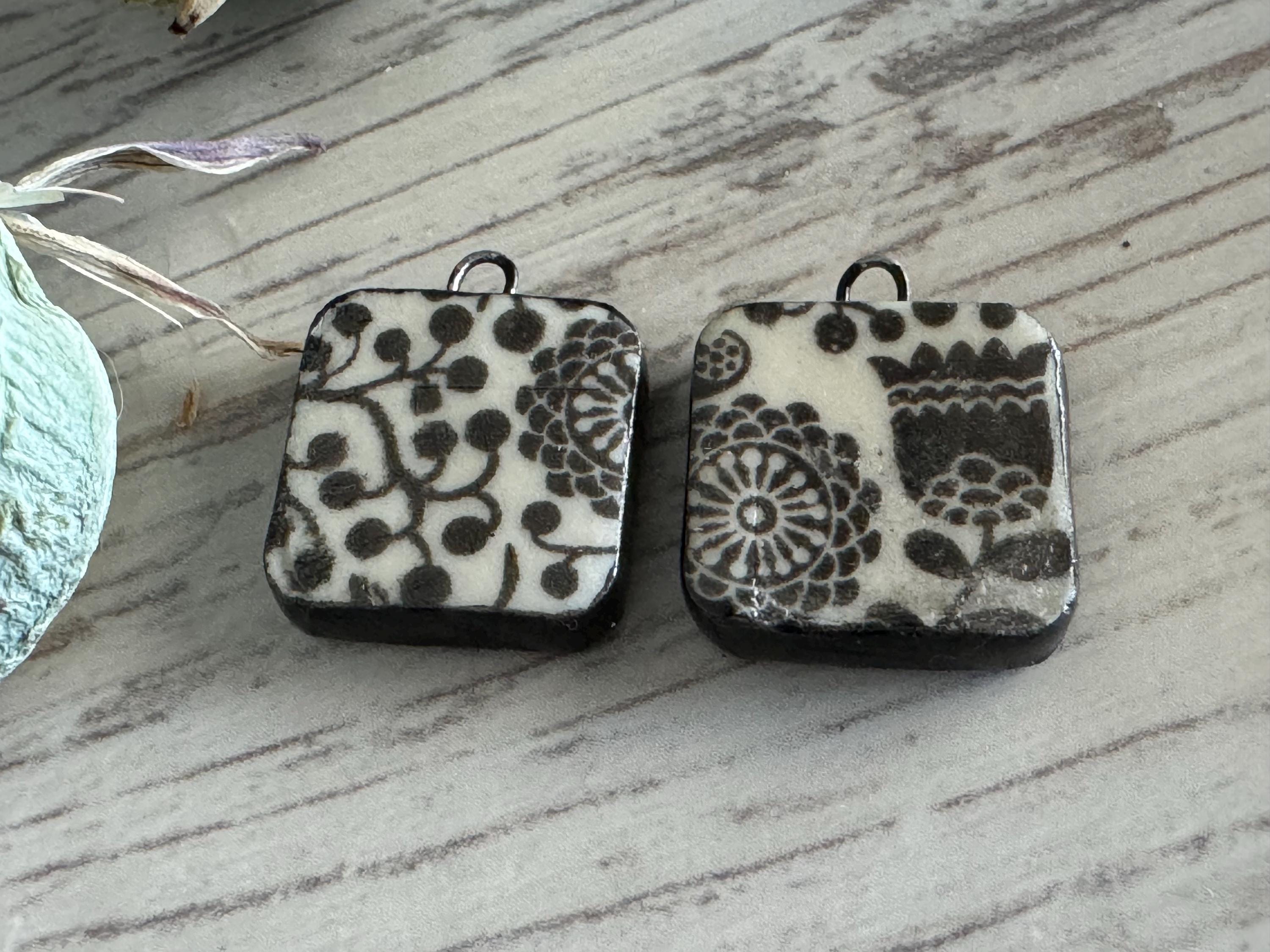 Tulip Beads, Black and White Square, Black Earring Bead Pair, Unique Beads, Porcelain Ceramic Charms, Jewelry Components, Beading Handmade