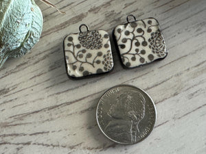 Pinecone Beads, Black and White Square, Black Earring Bead Pair, Unique Bead, Porcelain Ceramic Charms, Jewelry Components, Beading Handmade