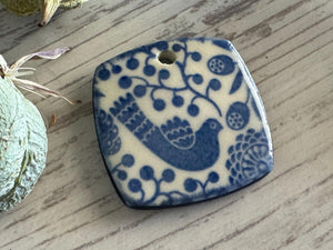 Scandinavian Bird Pendant and Charm, Blue and White Pendant, Obtuse Square, Porcelain Ceramic Pendant, Jewelry Making Components