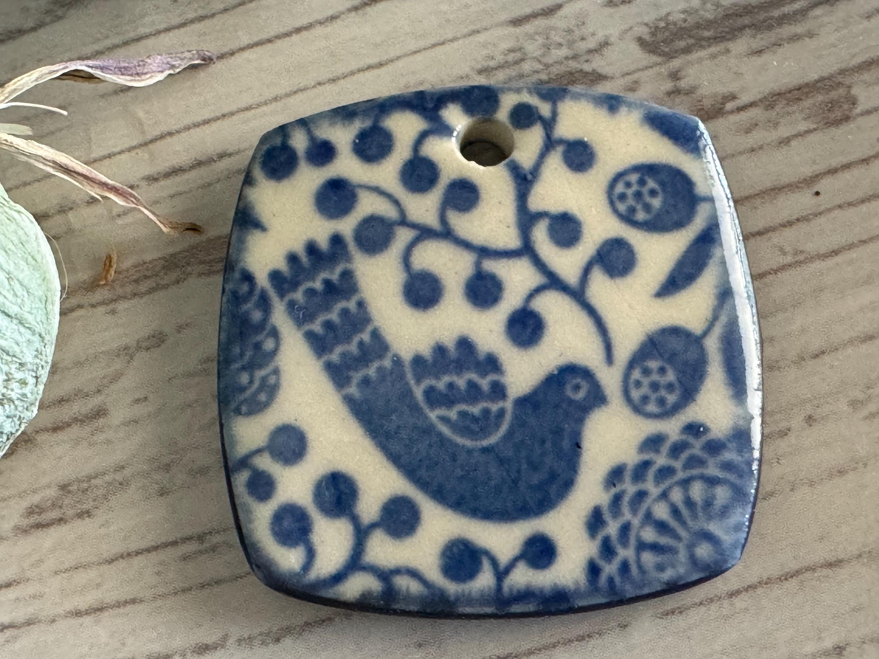 Scandinavian Bird Pendant and Charm, Blue and White Pendant, Obtuse Square, Porcelain Ceramic Pendant, Jewelry Making Components