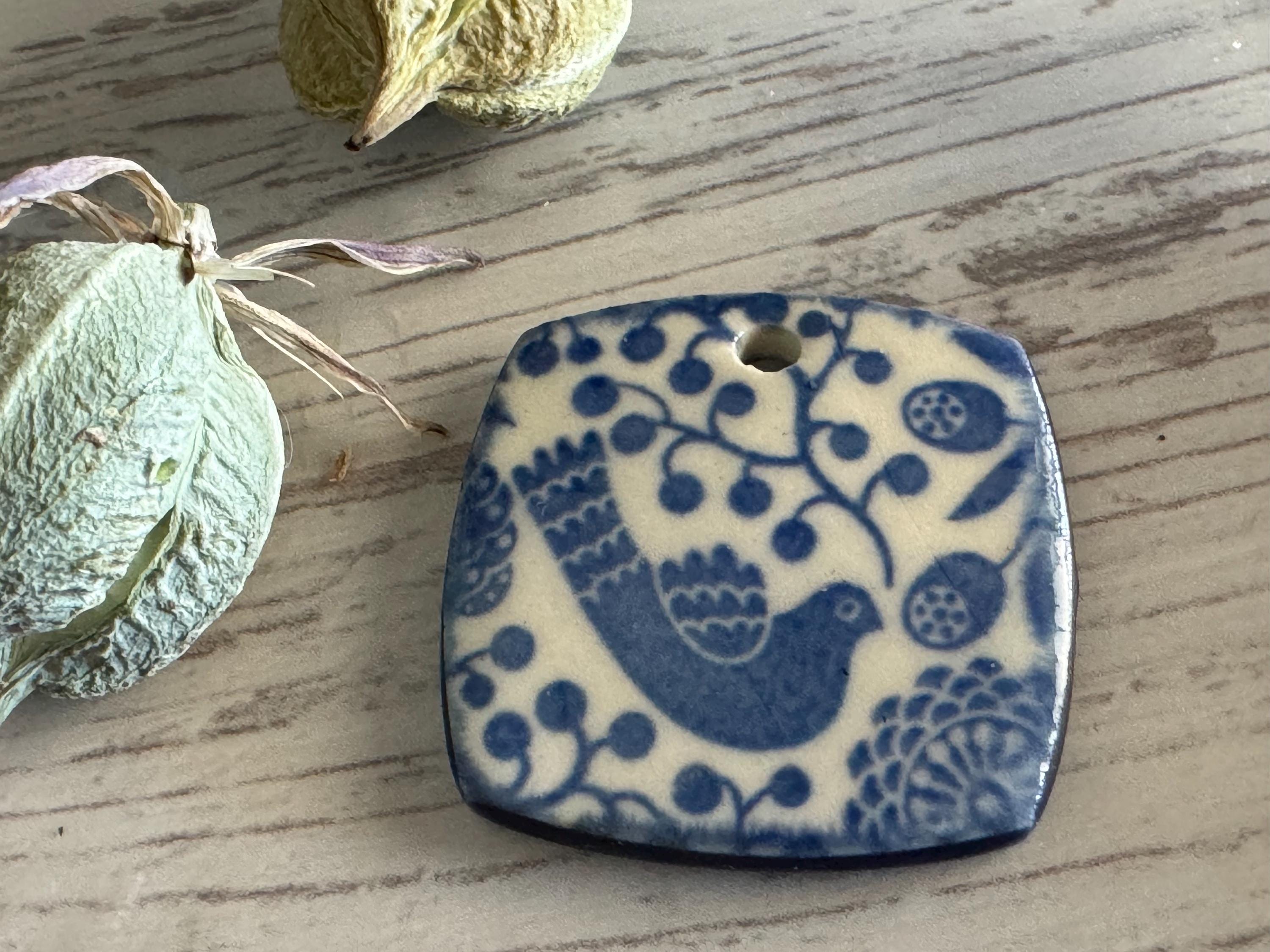 Scandinavian Bird Pendant and Charm, Blue and White Pendant, Obtuse Square, Porcelain Ceramic Pendant, Jewelry Making Components