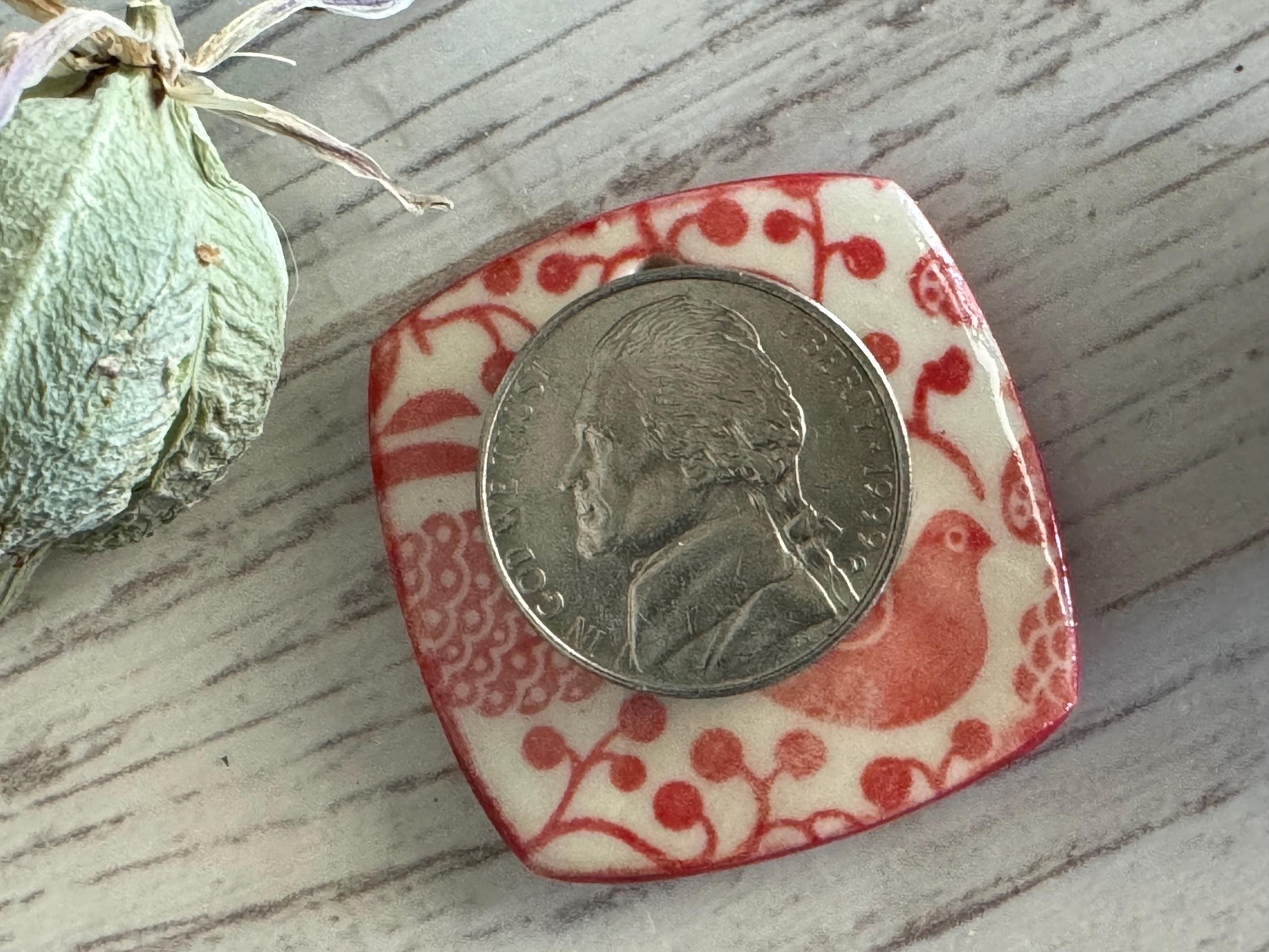 Scandinavian Bird Pendant and Charm, Red and White Pendant, Obtuse Square, Porcelain Ceramic Pendant, Jewelry Making Components