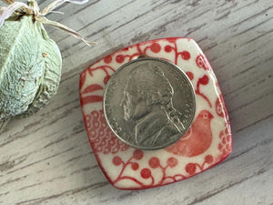 Scandinavian Bird Pendant and Charm, Red and White Pendant, Obtuse Square, Porcelain Ceramic Pendant, Jewelry Making Components