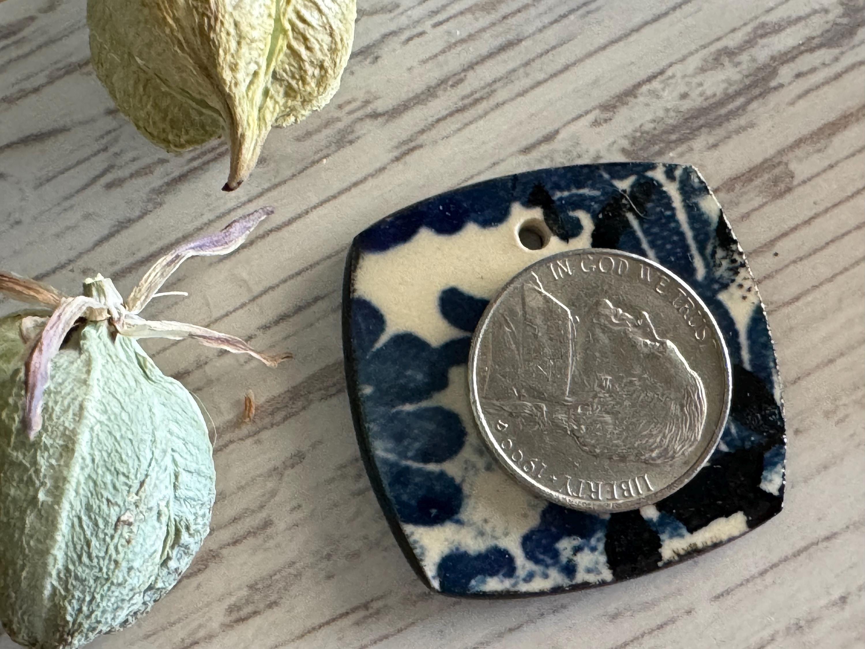 Teal Flower Bead, Square Pendant, Artisan jewelry, Porcelain Ceramic Pendant, Jewelry Making Components