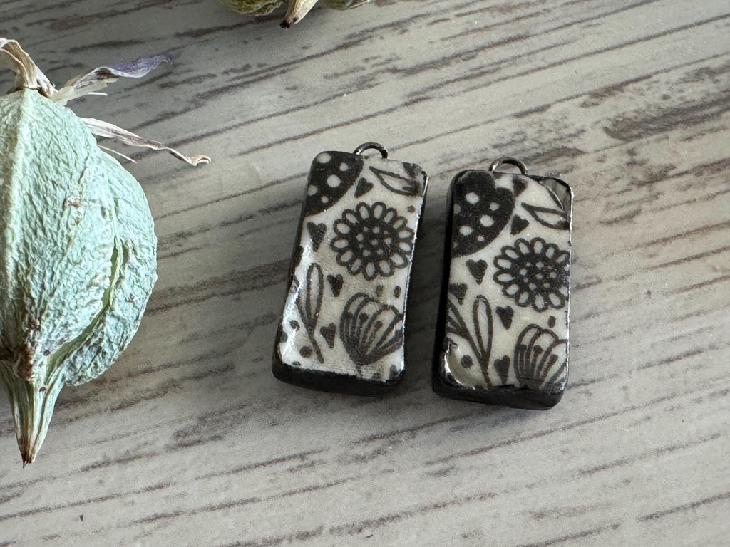 Black Flowers Earring Bead Pair, Porcelain Ceramic Charms, Jewelry Making Components, Beading Handmade