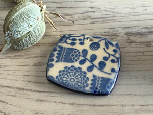 Scandinavian Tulip Pendant and Charm, Blue and White Pendant, Obtuse Square, Porcelain Ceramic Pendant, Jewelry Making Components