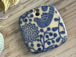 Scandinavian Bird Pendant and Charm, Blue and White Pendant, Obtuse Square, Porcelain Ceramic Pendant, Jewelry Making Components