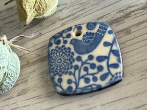 Scandinavian Bird Pendant and Charm, Blue and White Pendant, Obtuse Square, Porcelain Ceramic Pendant, Jewelry Making Components