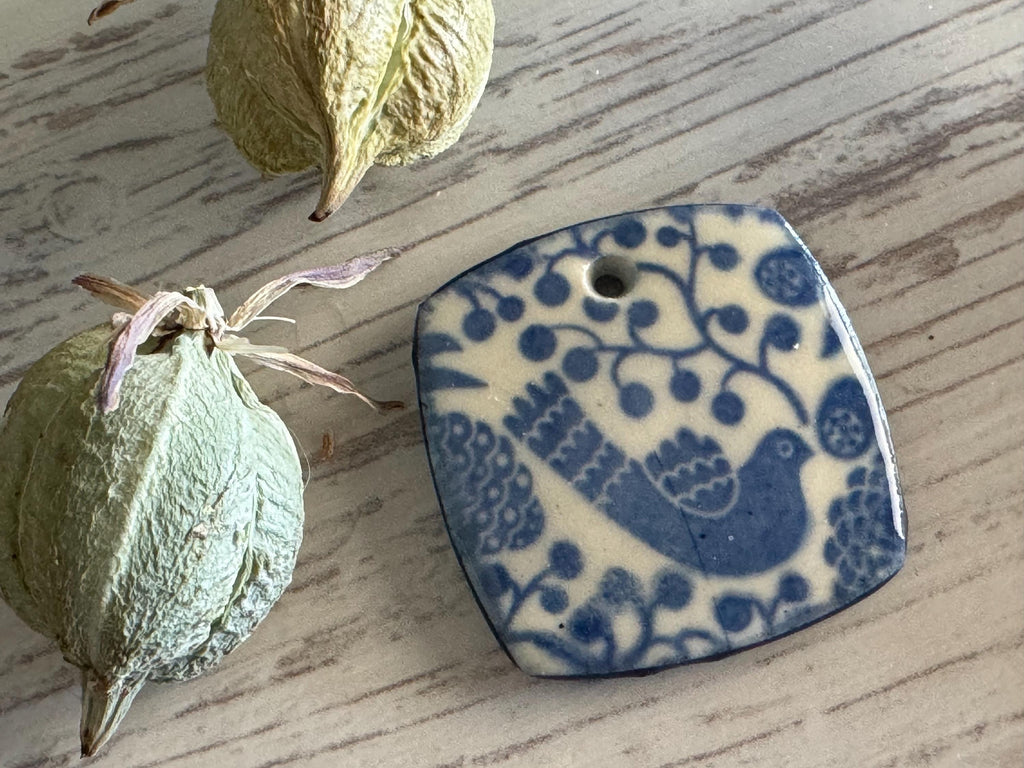 Scandinavian Bird Pendant and Charm, Blue and White Pendant, Obtuse Square, Porcelain Ceramic Pendant, Jewelry Making Components