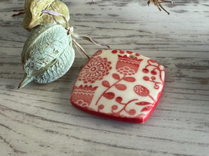 Scandinavian Tulip Pendant and Charm, Red and White Pendant, Obtuse Square, Porcelain Ceramic Pendant, Jewelry Making Components