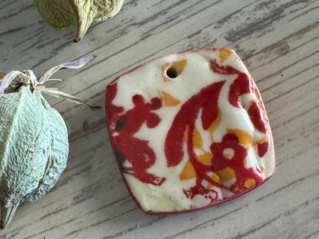 Red and Ochre Leaf Bead, Square Pendant, Artisan jewelry, Porcelain Ceramic Pendant, Jewelry Making Components