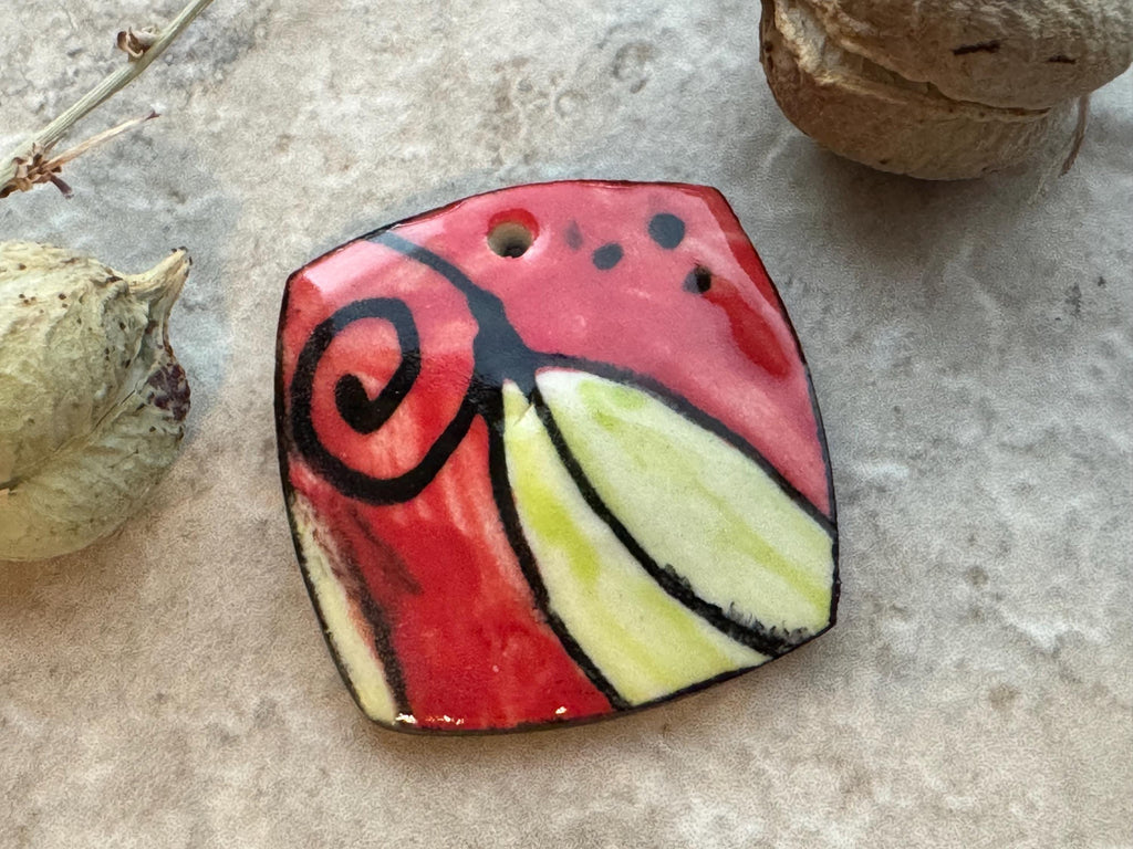 Red and Ochre Leaf Bead, Square Pendant, Artisan jewelry, Porcelain Ceramic Pendant, Jewelry Making Components