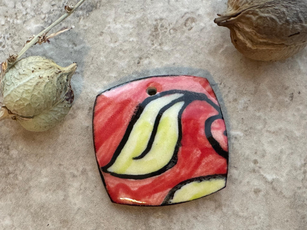 Red and Chartreuse Leaf Bead, Square Pendant, Artisan jewelry, Porcelain Ceramic Pendant, Jewelry Making Components