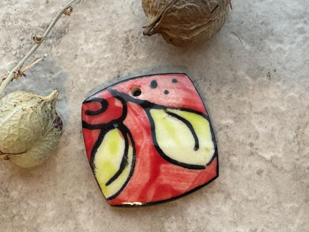 Red and Chartreuse Leaf Bead, Square Pendant, Artisan jewelry, Porcelain Ceramic Pendant, Jewelry Making Components