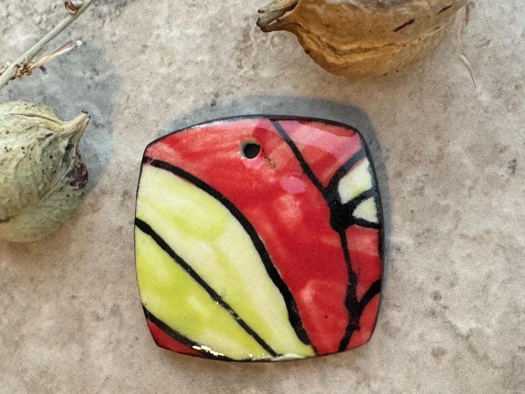 Red and Chartreuse Leaf Bead, Square Pendant, Artisan jewelry, Porcelain Ceramic Pendant, Jewelry Making Components