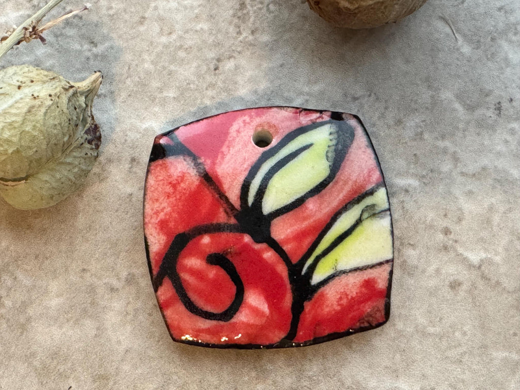 Red and Chartreuse Leaf Bead, Square Pendant, Artisan jewelry, Porcelain Ceramic Pendant, Jewelry Making Components