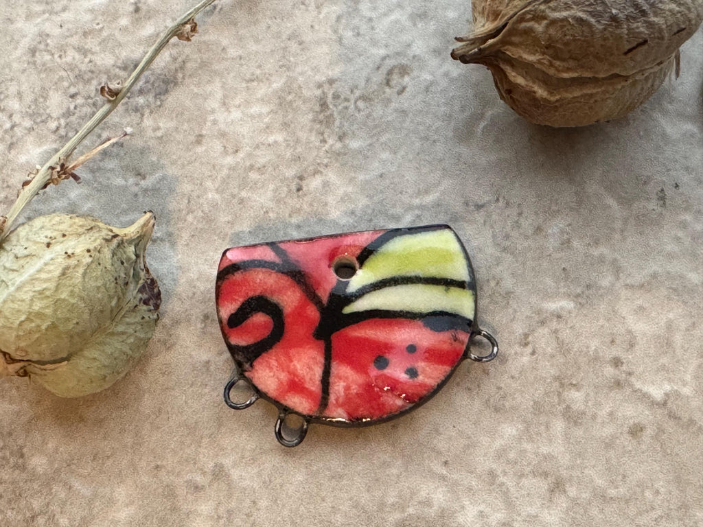 Red and Chartreuse Leaf Pendant Bead, Charm Holder, Ceramic Charms, Jewelry Making Components, DIY Necklace Beads, Half Circle Pendant