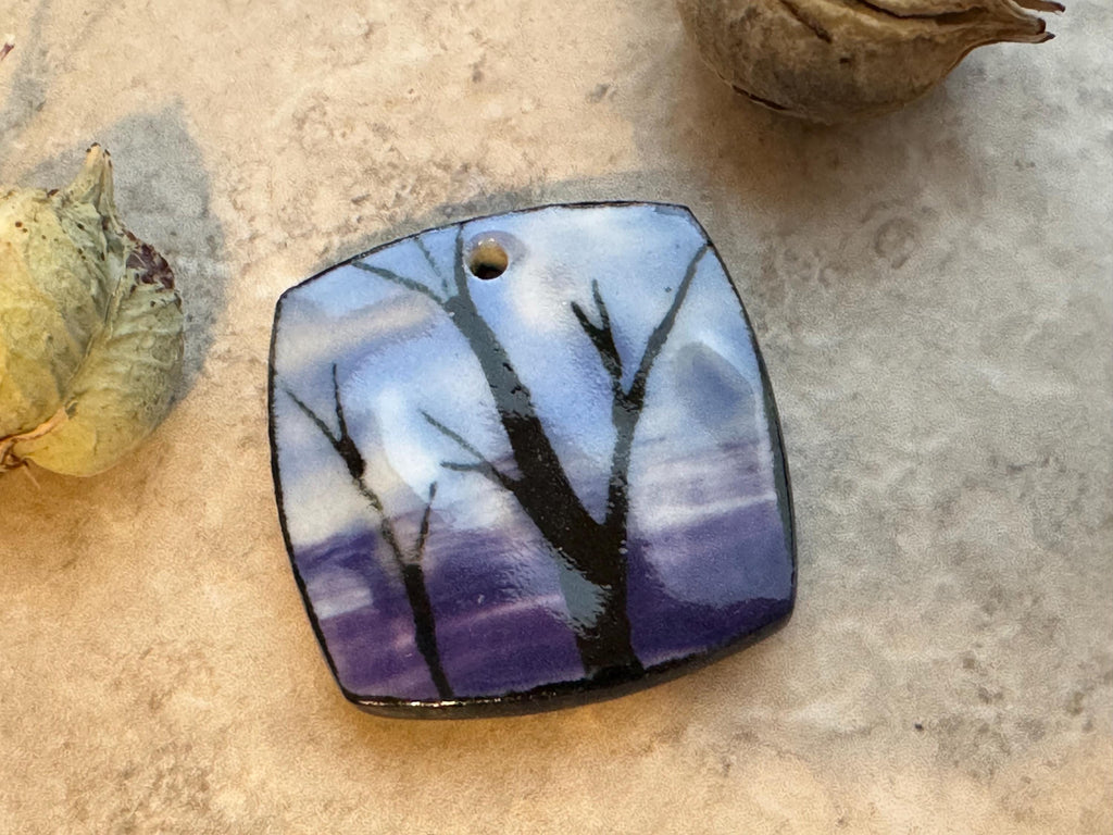 Blue and Purple Sunset Bead, Tree, Square Pendant, Artisan jewelry, Porcelain Ceramic Pendant, Jewelry Making Components