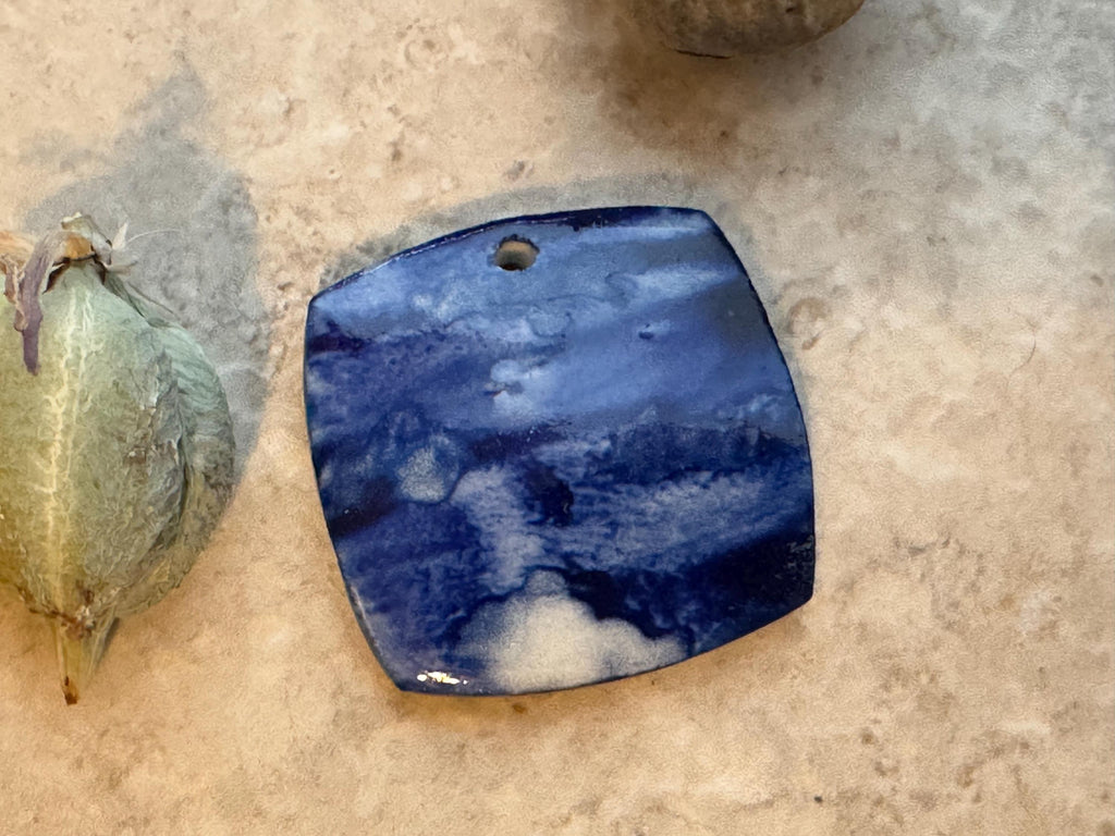 Blue Clouds Bead, Cobalt, Square Pendant, Artisan jewelry, Porcelain Ceramic Pendant, Jewelry Making Components