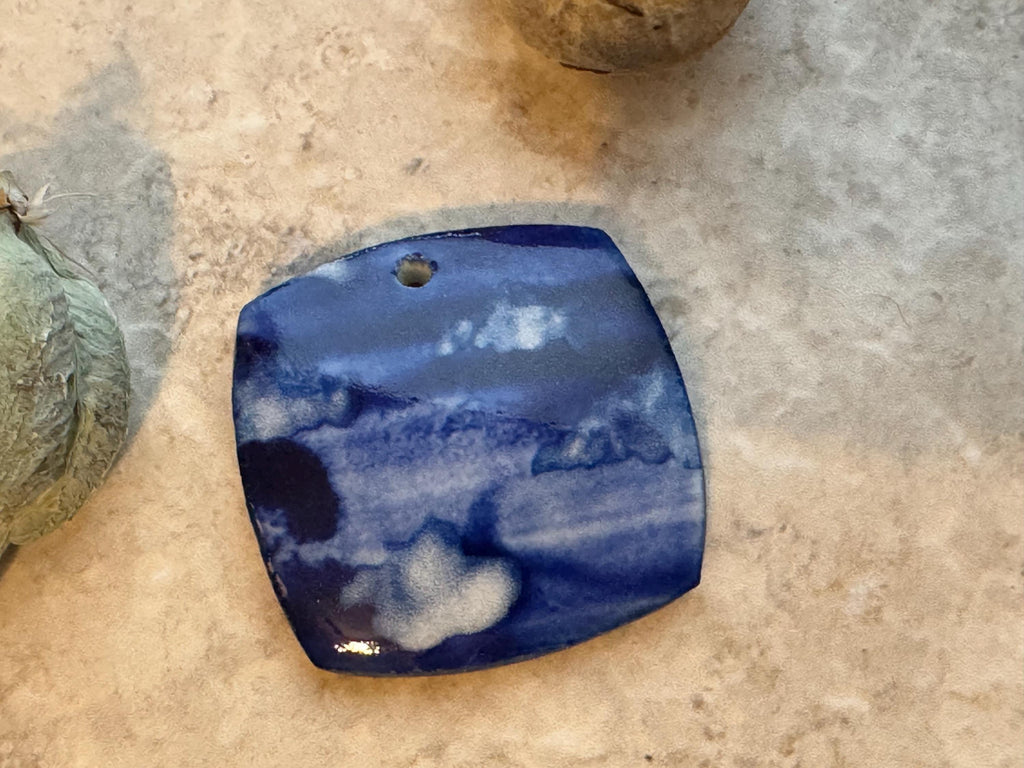 Blue Clouds Bead, Cobalt, Square Pendant, Artisan jewelry, Porcelain Ceramic Pendant, Jewelry Making Components