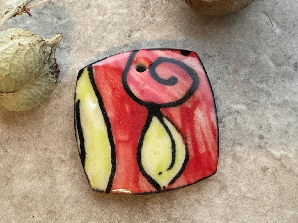 Red and Chartreuse Leaf Bead, Square Pendant, Artisan jewelry, Porcelain Ceramic Pendant, Jewelry Making Components