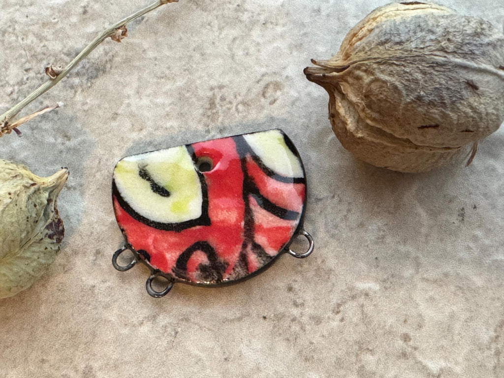 Red and Chartreuse Leaf Pendant Bead, Charm Holder, Ceramic Charms, Jewelry Making Components, DIY Necklace Beads, Half Circle Pendant