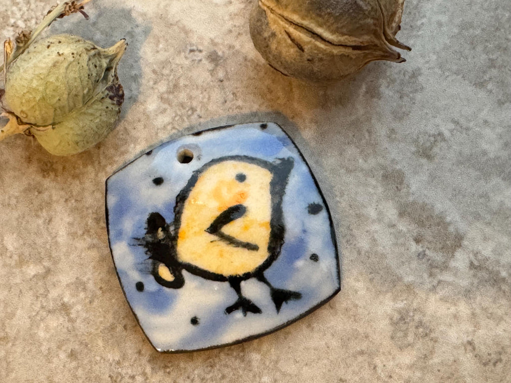 Blue and Yellow Bird Bead, Chick, Square Pendant, Artisan jewelry, Porcelain Ceramic Pendant, Jewelry Making Components