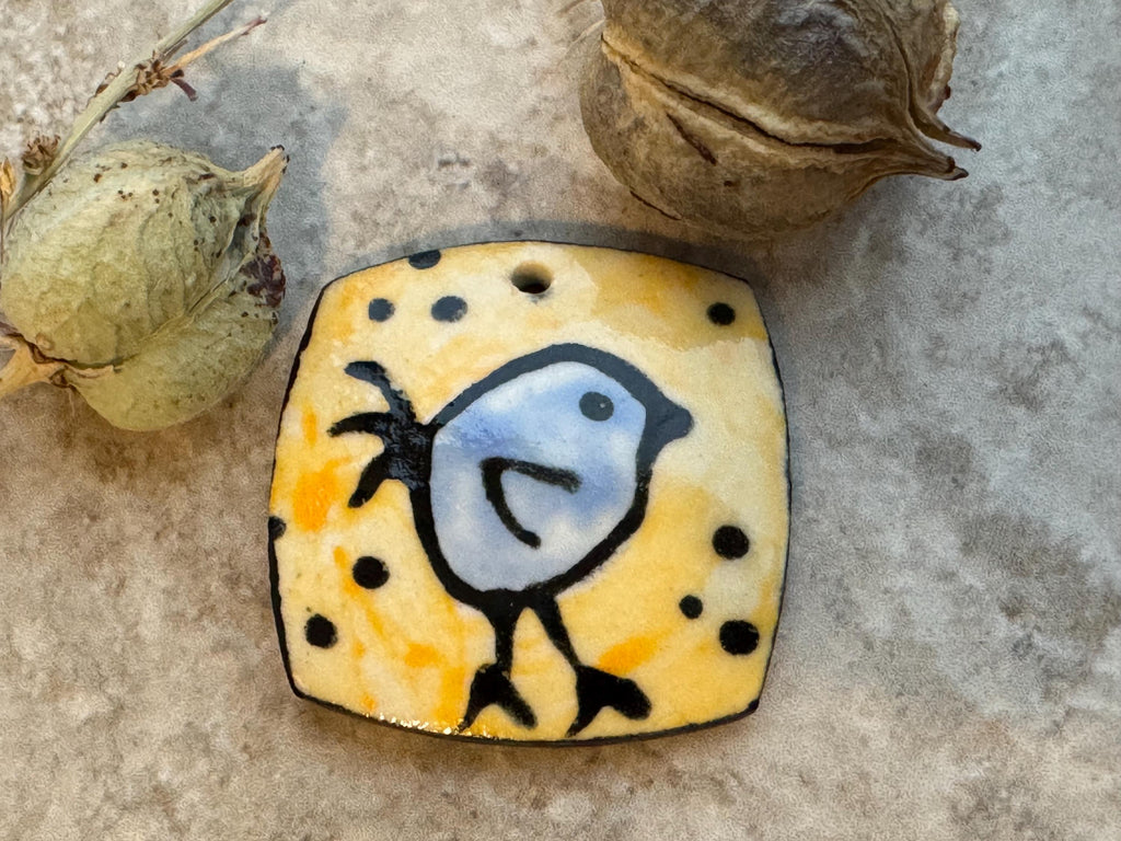 Blue and Yellow Bird Bead, Chick, Square Pendant, Artisan jewelry, Porcelain Ceramic Pendant, Jewelry Making Components