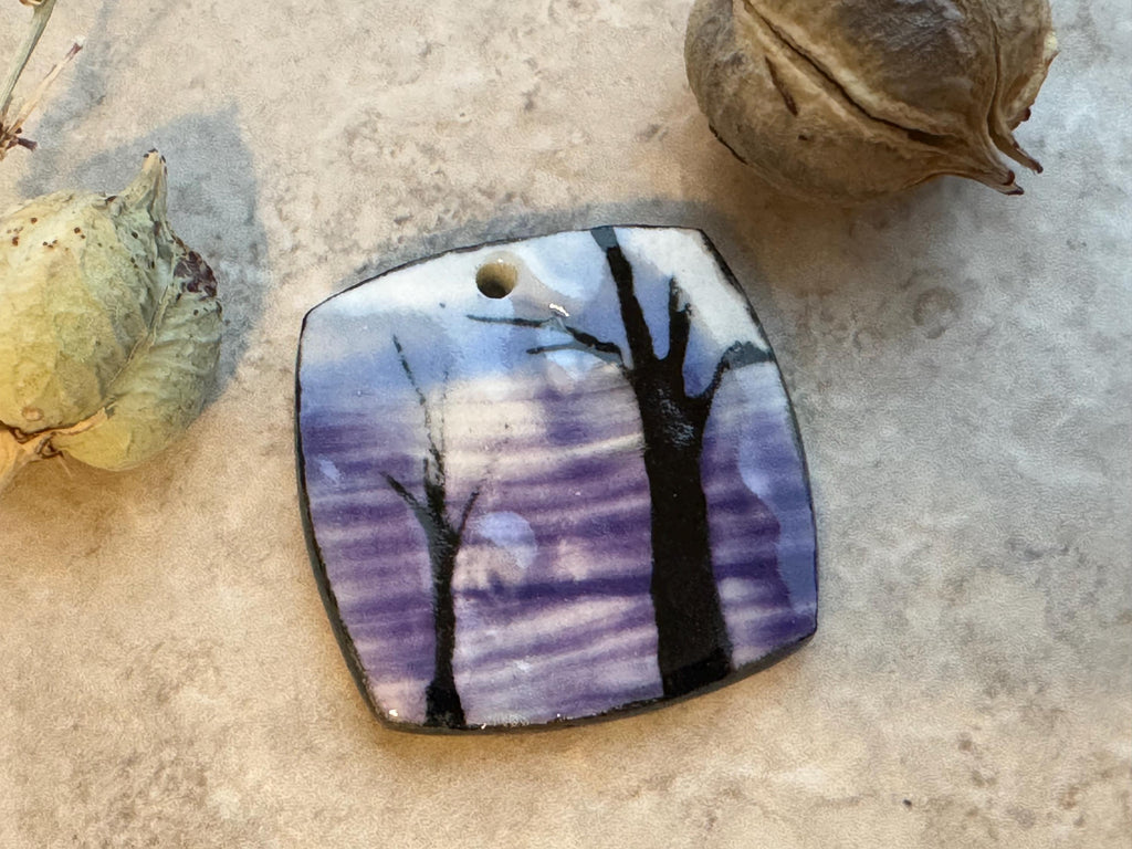 Blue and Purple Sunset Bead, Tree, Square Pendant, Artisan jewelry, Porcelain Ceramic Pendant, Jewelry Making Components