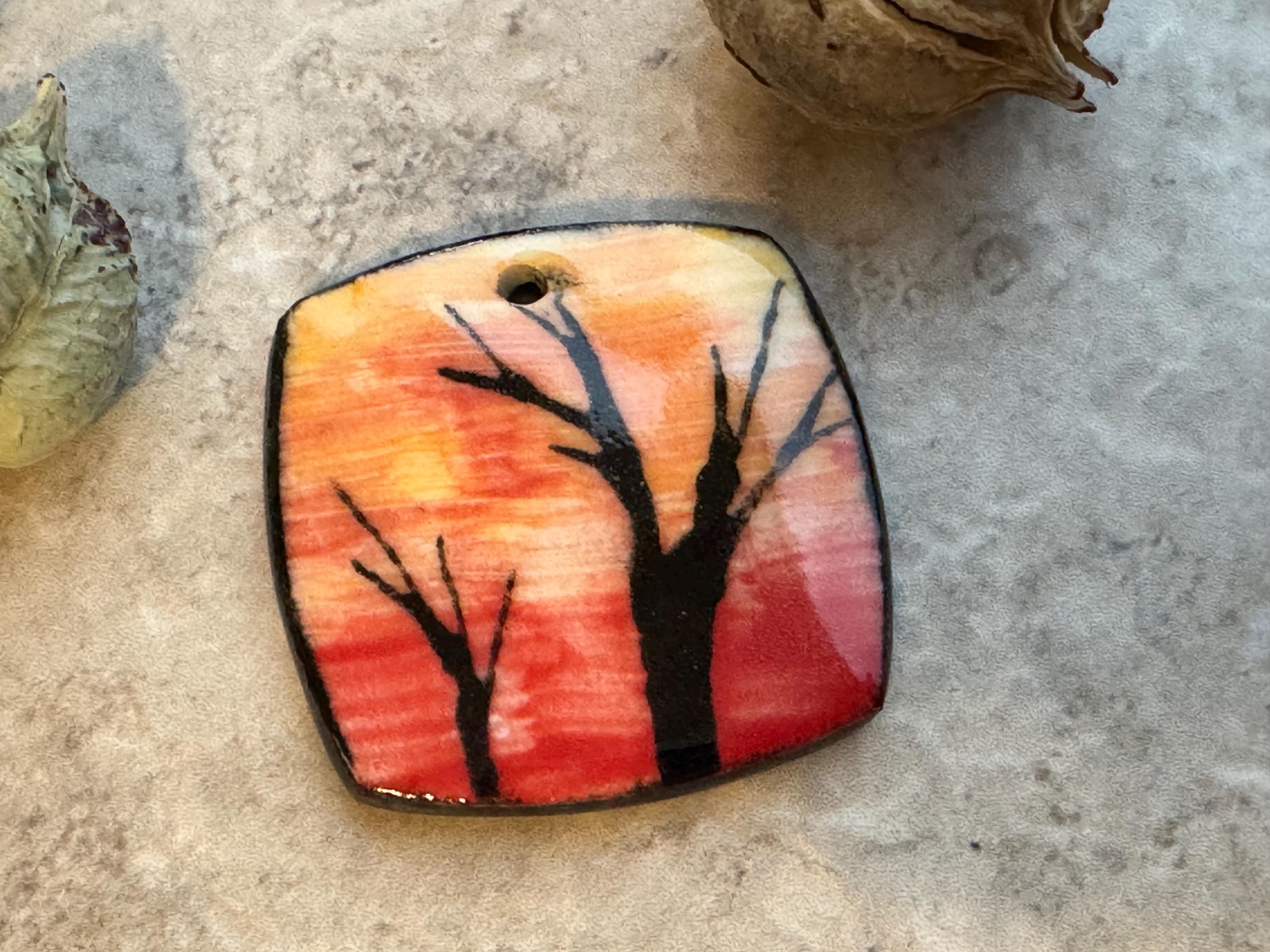 Red and Yellow Sunset Bead, Tree, Square Pendant, Artisan jewelry, Porcelain Ceramic Pendant, Jewelry Making Components