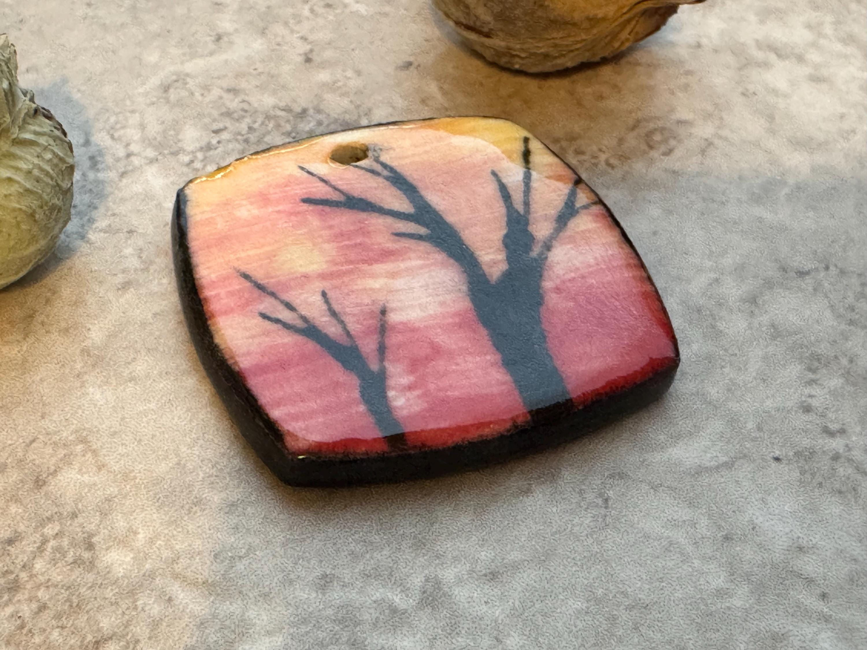 Red and Yellow Sunset Bead, Tree, Square Pendant, Artisan jewelry, Porcelain Ceramic Pendant, Jewelry Making Components