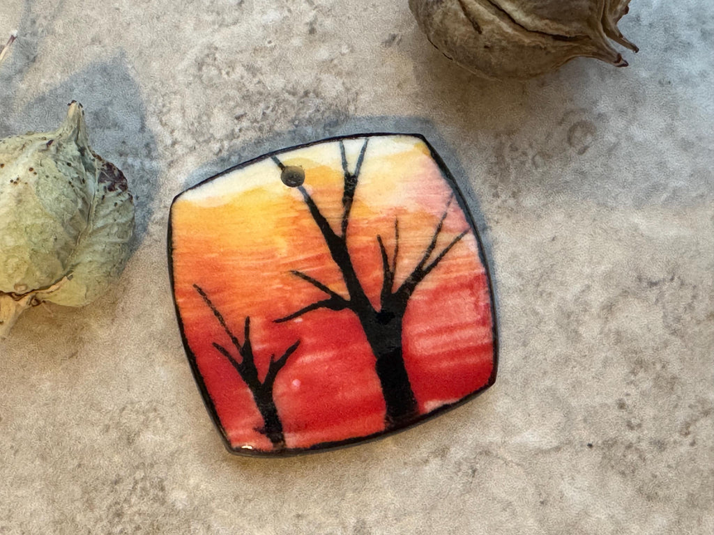 Red and Yellow Sunset Bead, Tree, Square Pendant, Artisan jewelry, Porcelain Ceramic Pendant, Jewelry Making Components