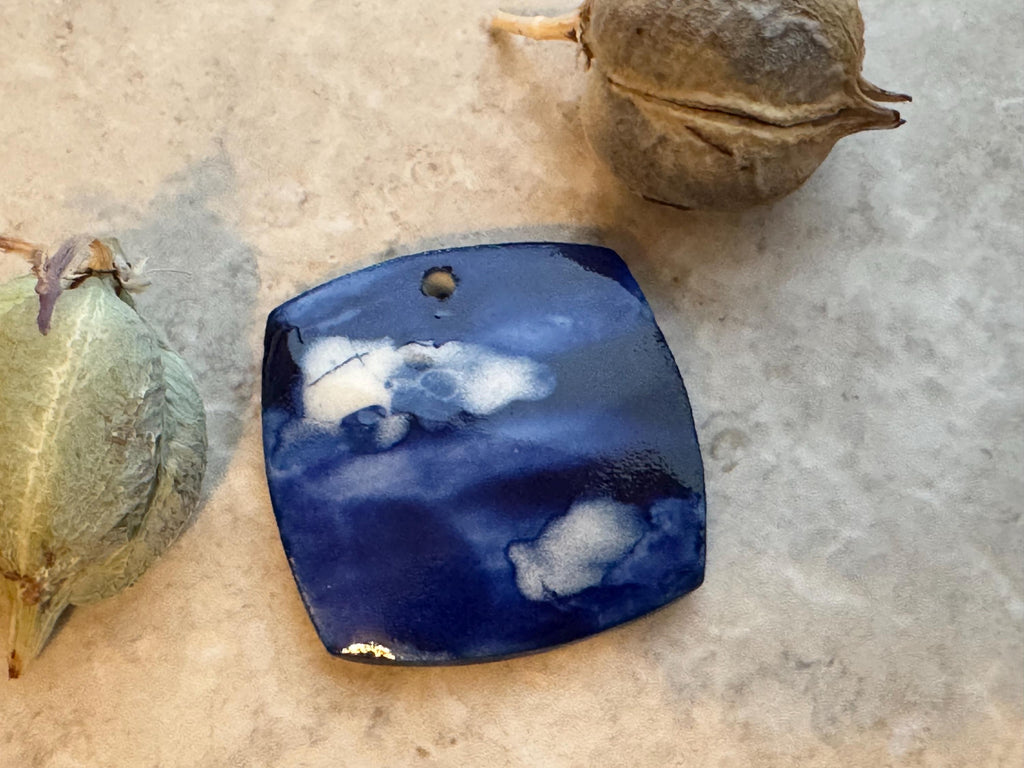 Blue Clouds Bead, Cobalt, Square Pendant, Artisan jewelry, Porcelain Ceramic Pendant, Jewelry Making Components