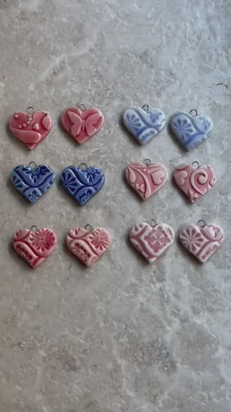 SECOND Red Hearts and Butterfly Earring Bead Pair, Hearts, Porcelain Ceramic Charms, Jewelry Making Components, Beading Handmade
