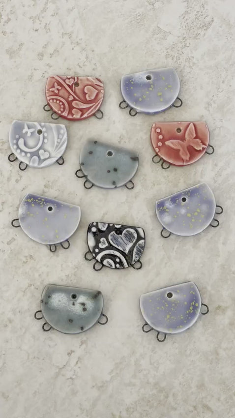 Grey with Dark Flecks Pendant Bead,  Charm Holder, Ceramic Charms, Jewelry Making Components, DIY Necklace Beads, Half Circle Pendant