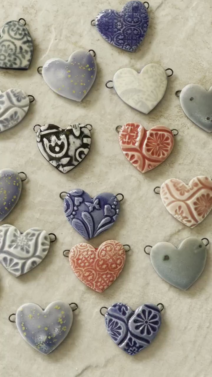 Pink Heart Pendant, Tile Pattern Heart, Double Wire Heart Pendant, Porcelain Ceramic Pendant, Artisan Pendant, Jewelry Making Components