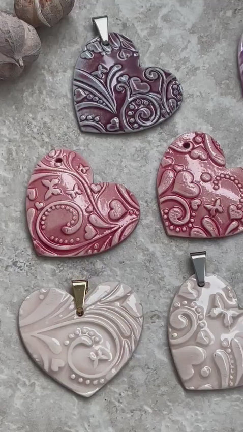 Large Blue Hearts and Butterflies Pendant, Porcelain Ceramic Pendant, Artisan Pendant, Jewelry Making Components