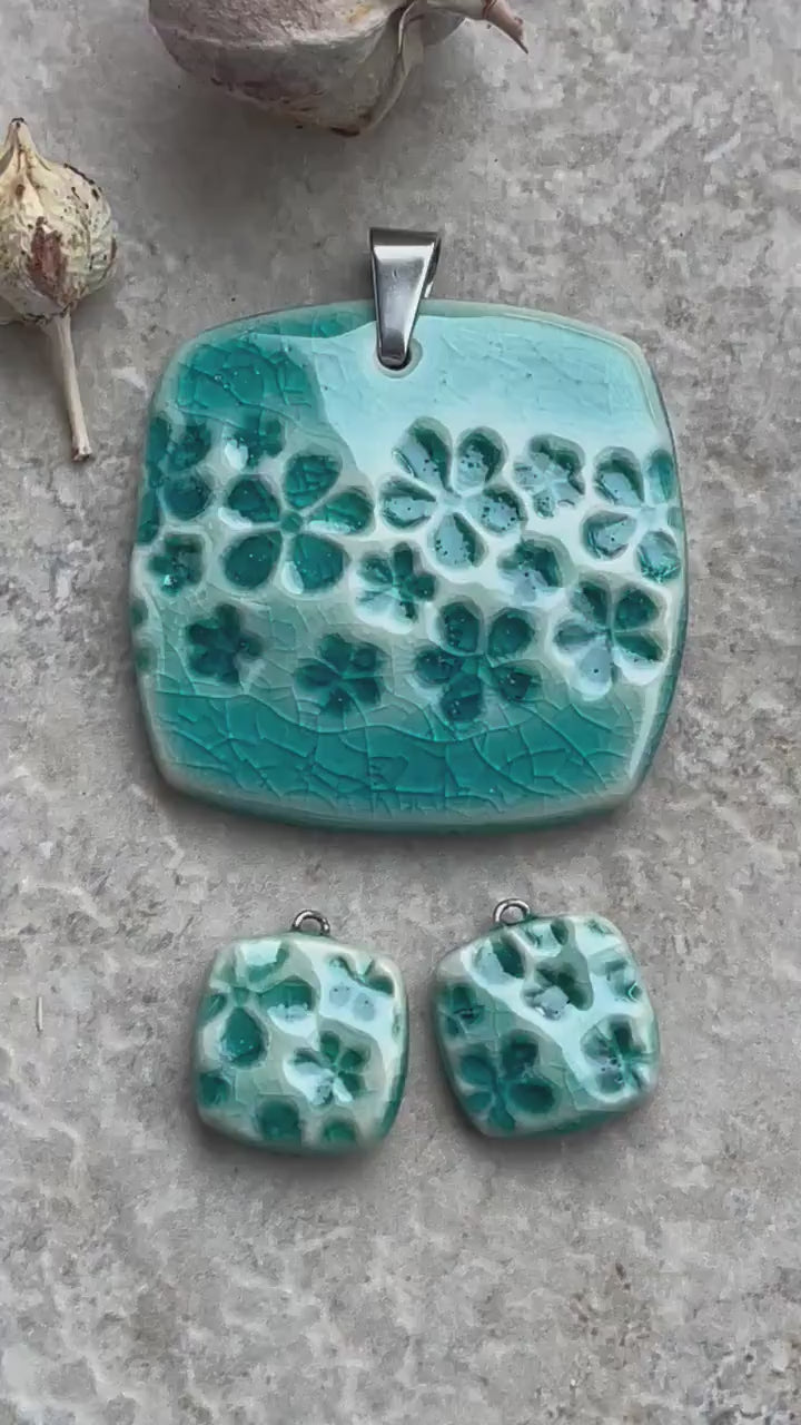 Turquoise Daisy Pendant and Charms, Flower Square Pendant, Porcelain Ceramic Pendant, Artisan Pendant, Jewelry Making Components