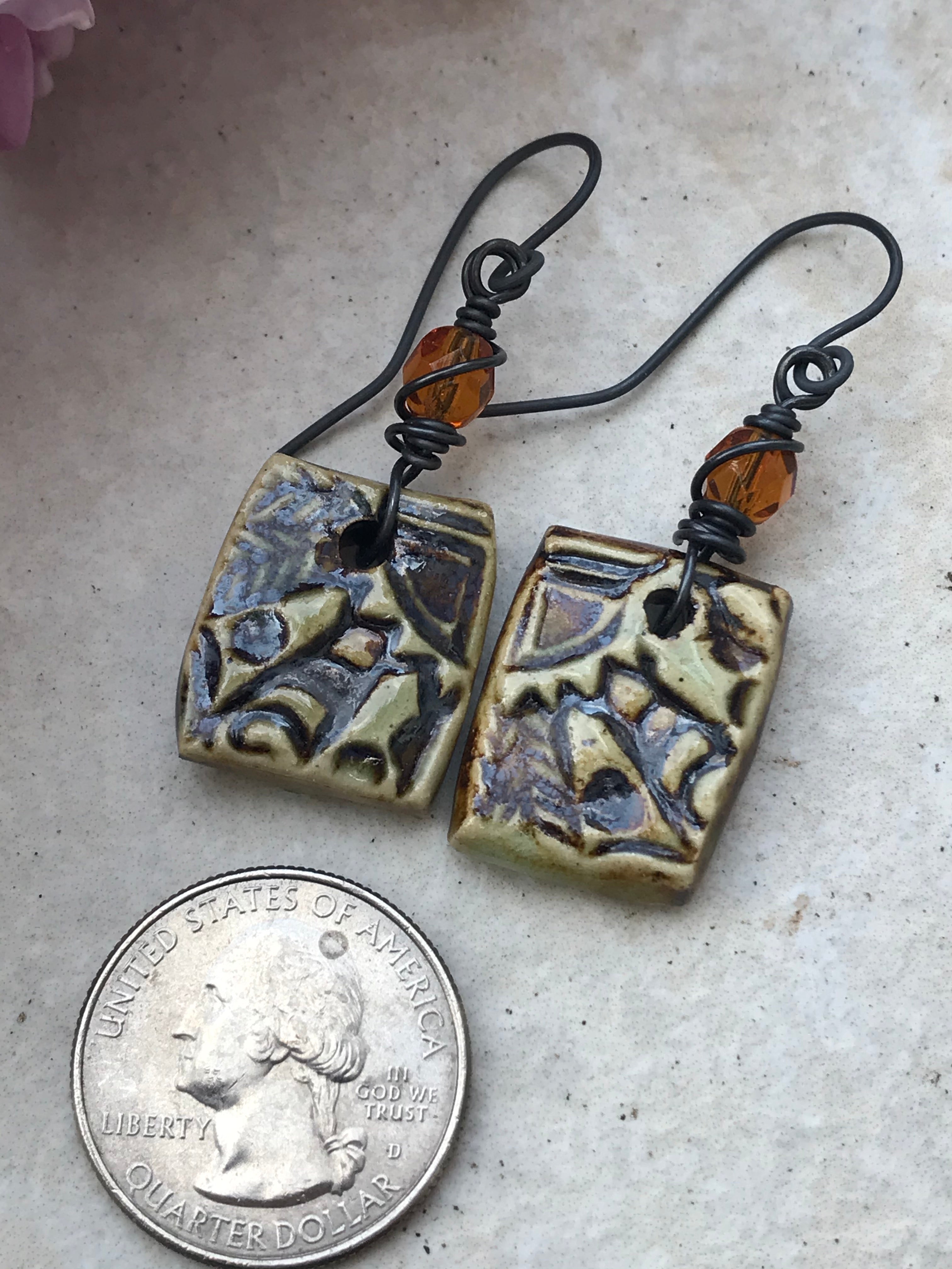 Autumn Rustic Clay Dangle Earrings, Handmade Earrings with Iridescent Czech Beads