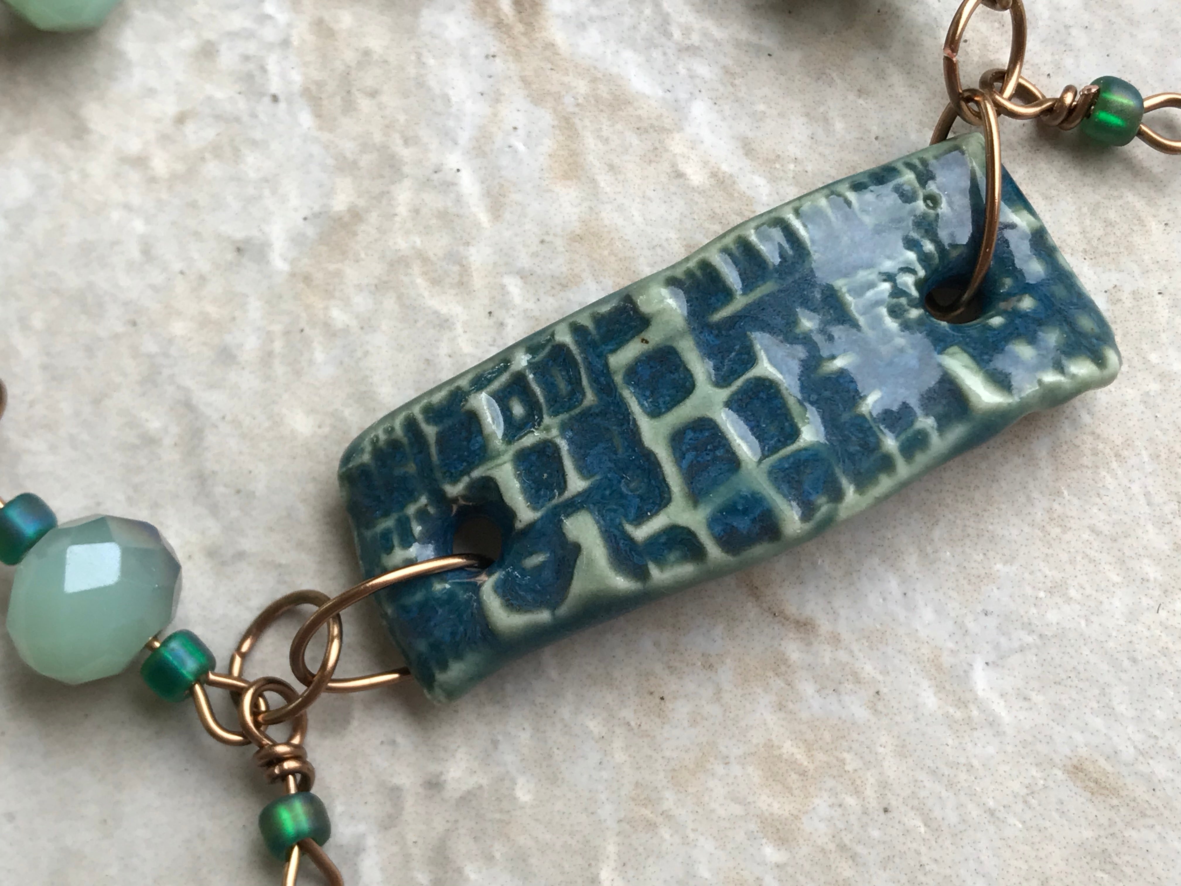 Twilight Turquoise Beaded Bracelet with Celadon Accents and Fish Clasp