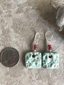 Sweet Green Floral Square Earrings, Handmade Earrings with Glass Beads