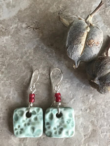 Sweet Green Floral Square Earrings, Handmade Earrings with Glass Beads