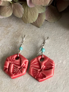 Red Hexagon Earrings, Handmade Earrings with Glass Beads