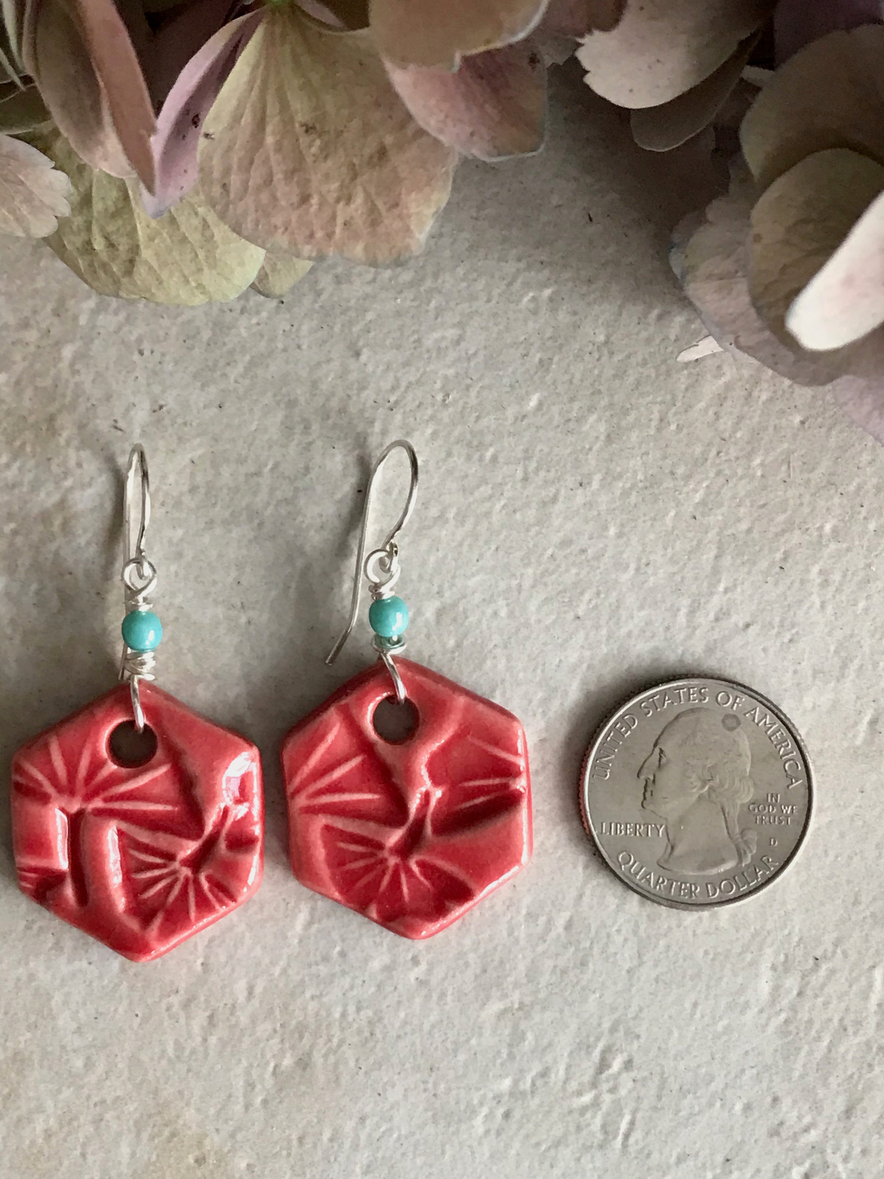 Red Hexagon Earrings, Handmade Earrings with Glass Beads